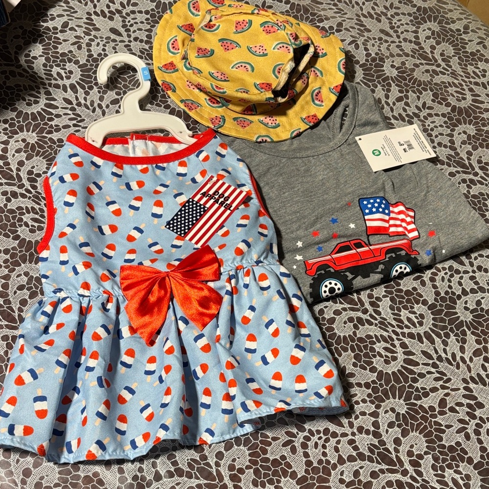 Patriotic puppy Dress with Bow, shirt and Hat